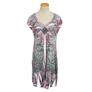 Unity Travel Para Dress NWT Paisley Beaded Short Sleeve Pink Black Size Large L